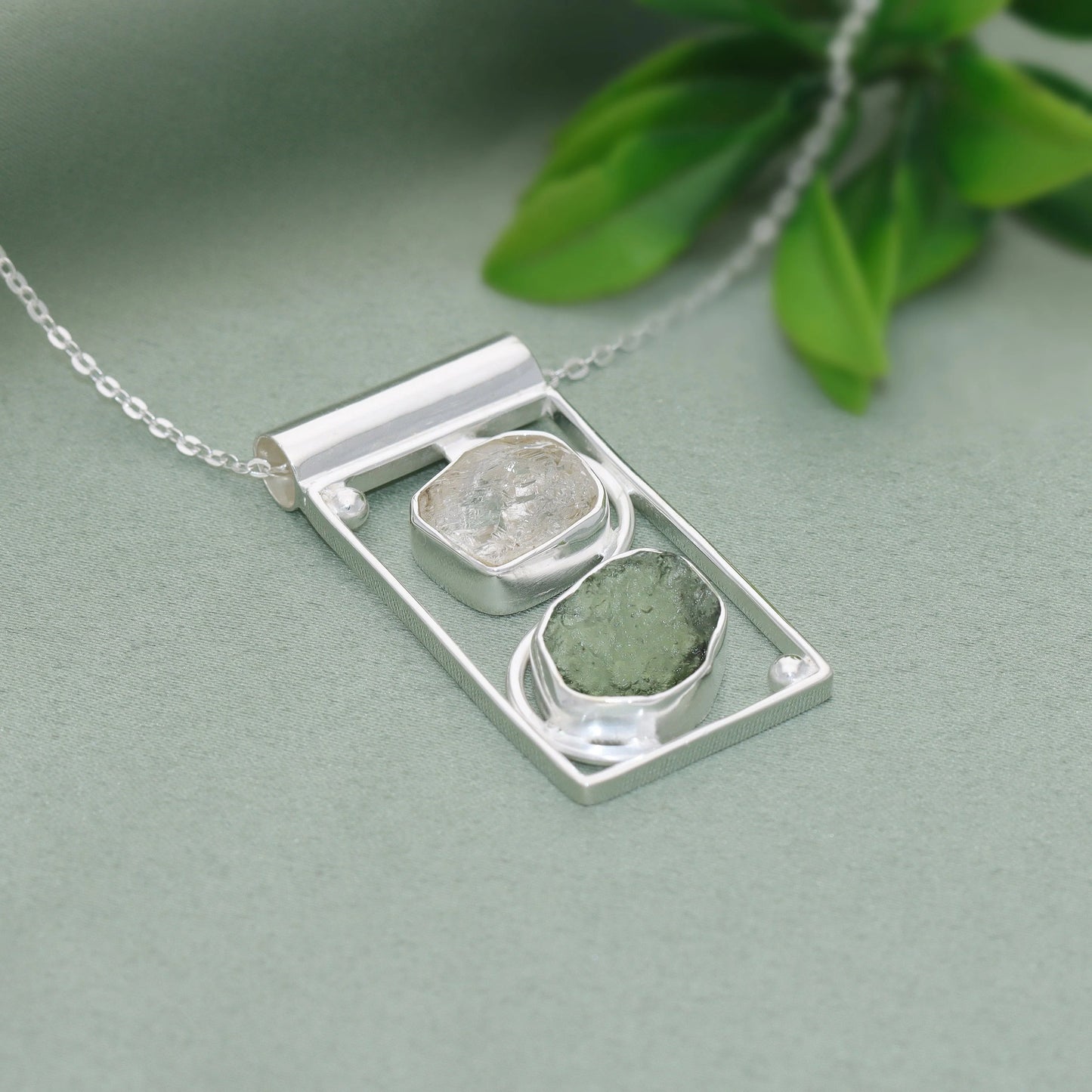 Authentic Raw Moldavite and Herkimer Diamond Gemstone Sterling Silver Pendant Gift For Her