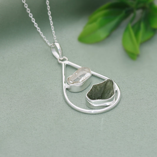 Czech Republic Moldavite and Herkimer Diamond Gemstone Sterling Silver Pendant Jewelry