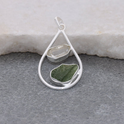 Czech Republic Moldavite and Herkimer Diamond Gemstone Sterling Silver Pendant Jewelry