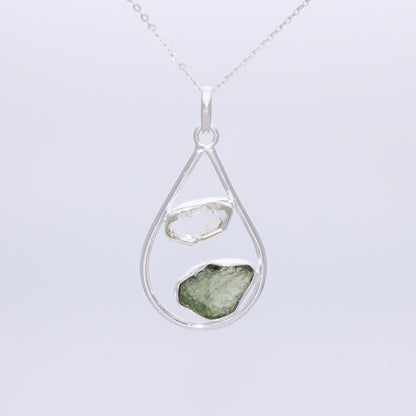 Czech Republic Moldavite and Herkimer Diamond Gemstone Sterling Silver Pendant Jewelry