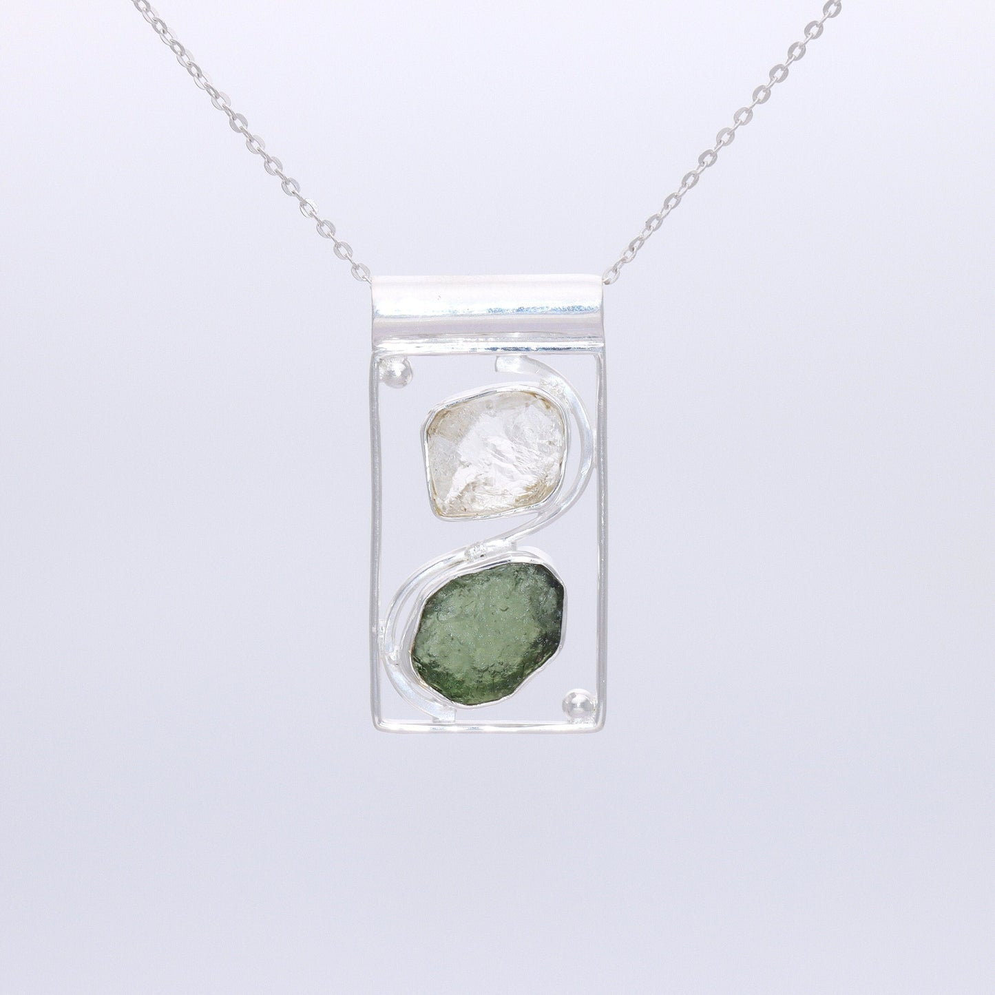 Authentic Raw Moldavite and Herkimer Diamond Gemstone Sterling Silver Pendant Gift For Her