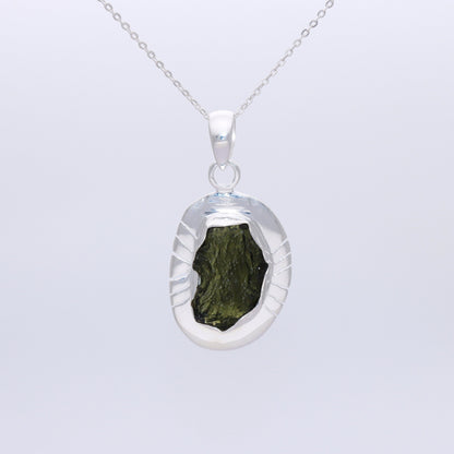 925 Sterling Silver Czech Republic Raw Moldavite Gemstone Pendant