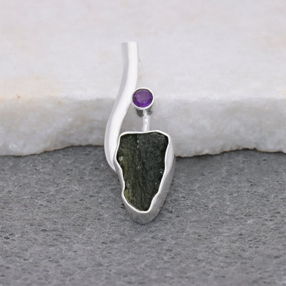 925 Sterling Silver Authentic Moldavite and Amethyst Gemstone Designer Pendant Jewelry Gift For Her