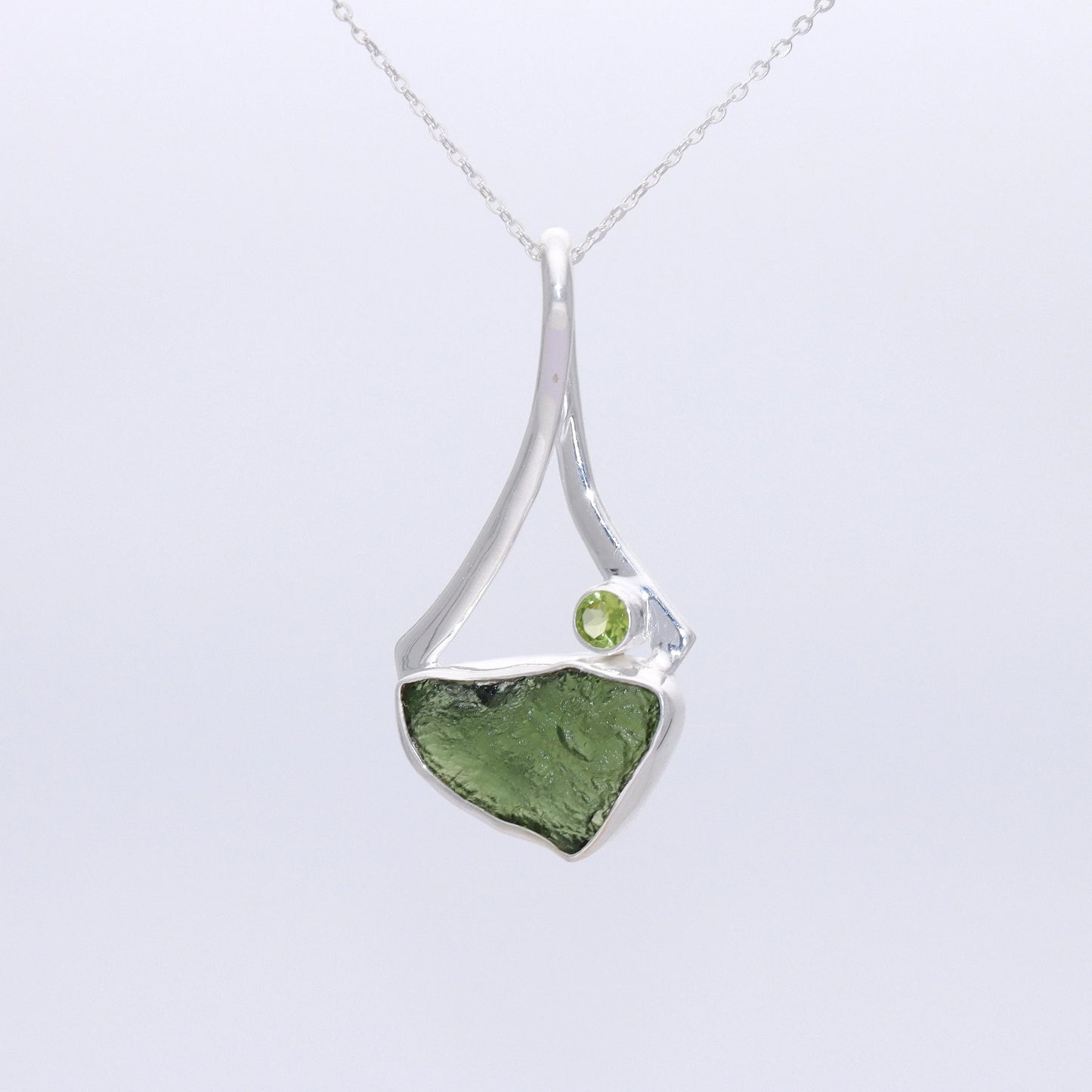 925 Sterling Silver Raw Rough Moldavite and Peridot Gemstone Women's Pendant Gift For Her