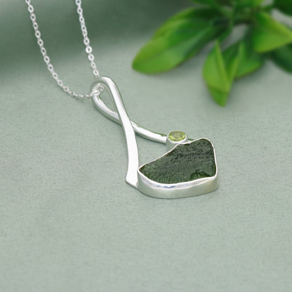 925 Sterling Silver Raw Rough Moldavite and Peridot Gemstone Women's Pendant Gift For Her