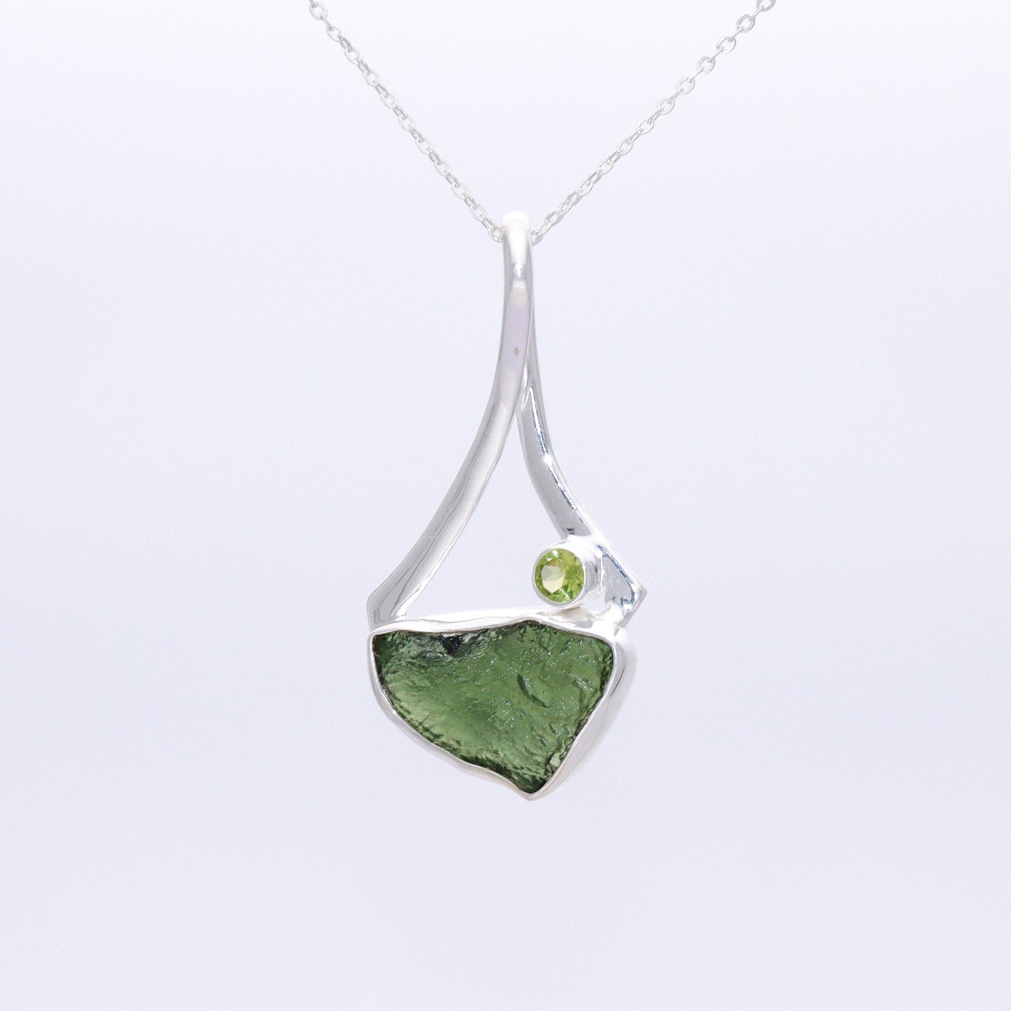 925 Sterling Silver Raw Rough Moldavite and Peridot Gemstone Women's Pendant Gift For Her