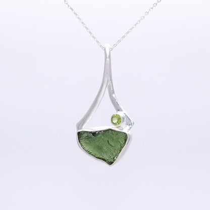 925 Sterling Silver Raw Rough Moldavite and Peridot Gemstone Women's Pendant Gift For Her