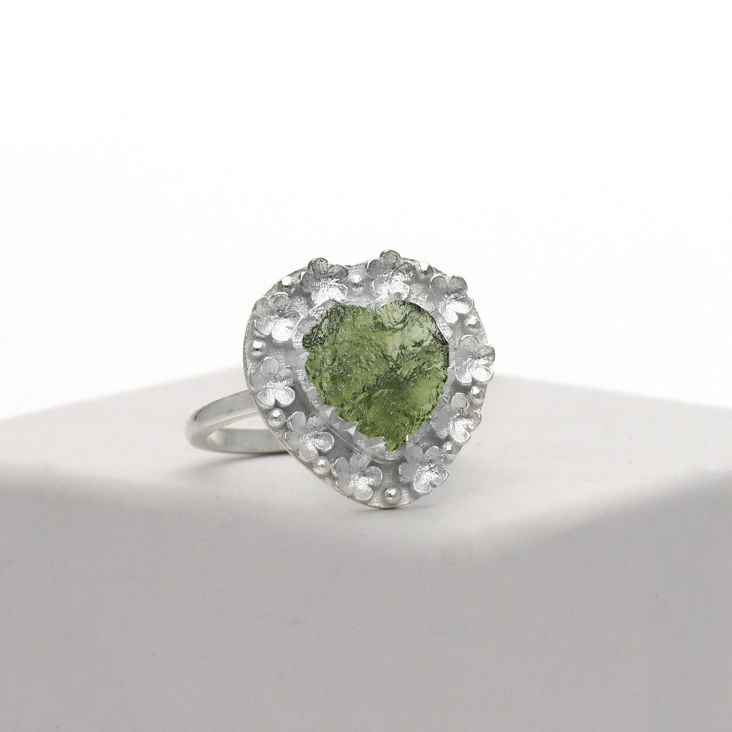 925 Sterling Silver Authentic Czech Moldavite Gemstone Ring Heart Shape Moldavite Flower Design Ring