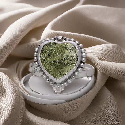 925 Sterling Silver Authentic Czech Moldavite Gemstone Heart Ring Gift For Her