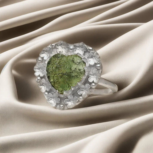 925 Sterling Silver Authentic Czech Moldavite Gemstone Ring Heart Shape Moldavite Flower Design Ring