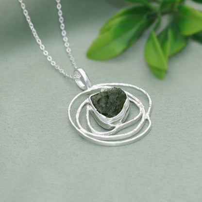 Natural Raw Moldavite Gemstone 925 Sterling Silver Pendant