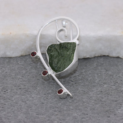 925 Sterling Silver Red Garnet and Moldavite Gemstone Pendant Authentic Czech Republic Moldavite Gemstone Pendant Gift For Her