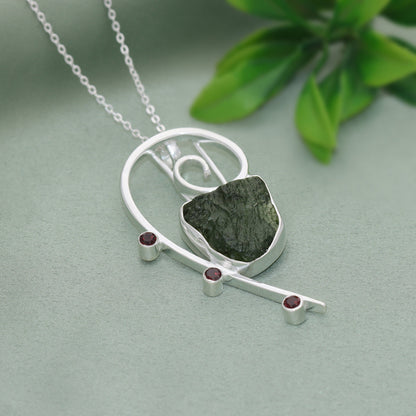 925 Sterling Silver Red Garnet and Moldavite Gemstone Pendant Authentic Czech Republic Moldavite Gemstone Pendant Gift For Her