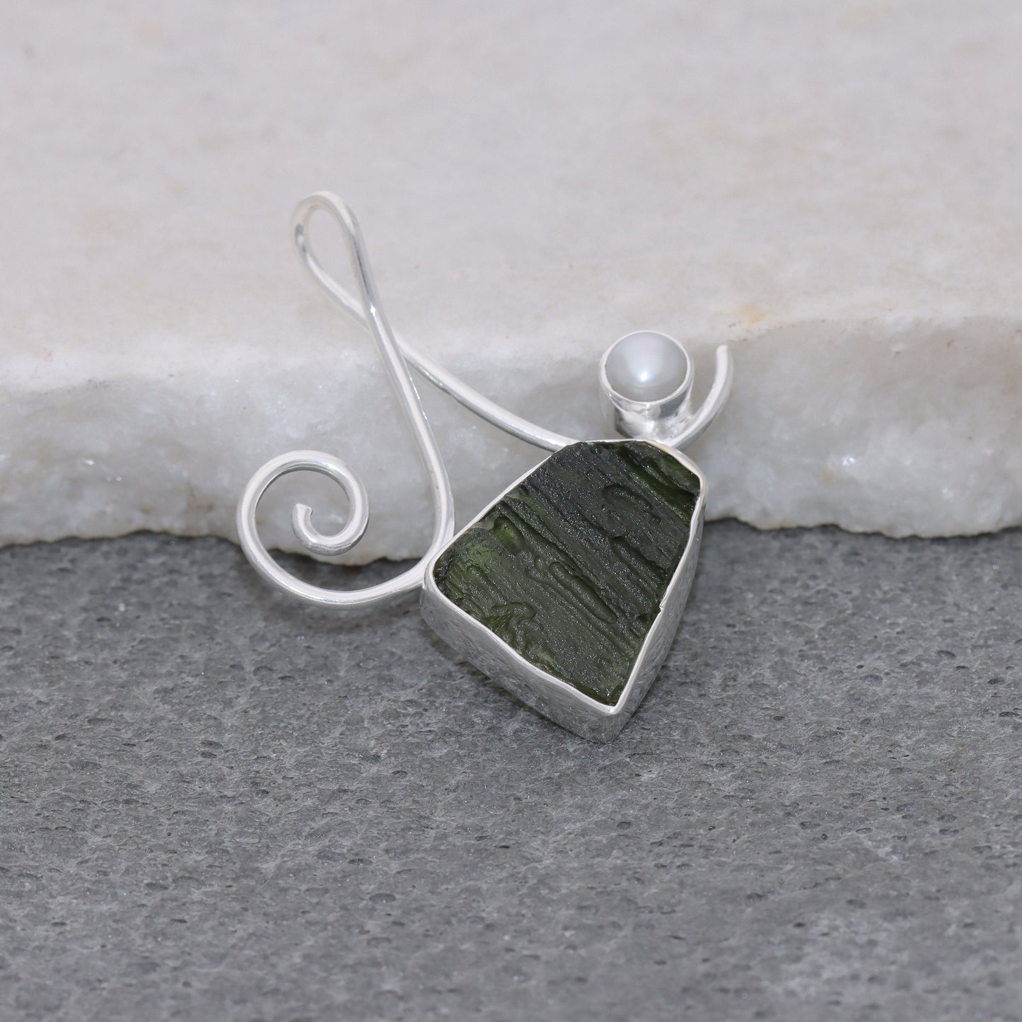 925 Sterling Silver Authentic Czech Moldavite and Pearl Gemstone Pendant