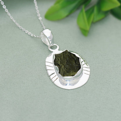 925 Sterling Silver Czech Republic Raw Moldavite Gemstone Pendant