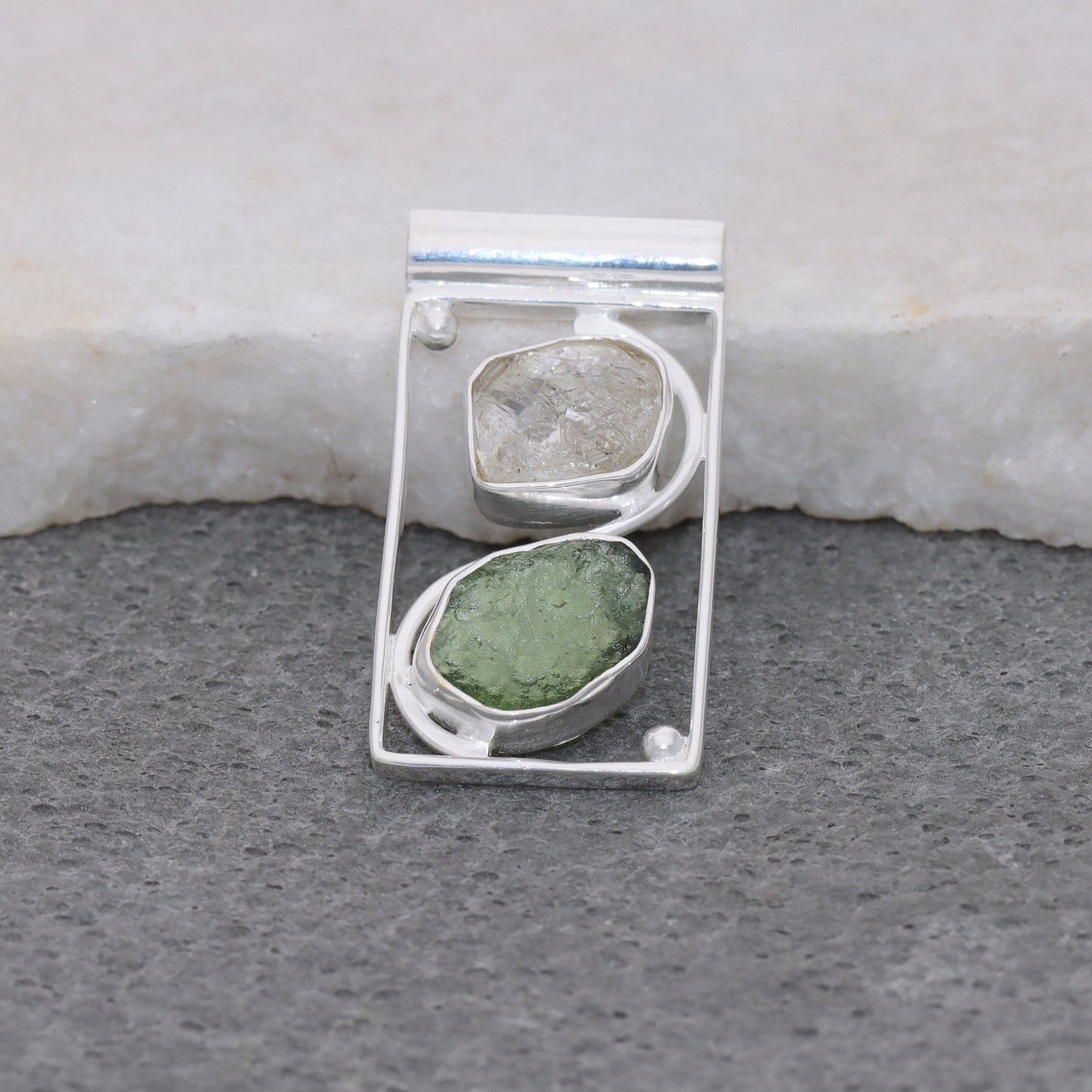 Authentic Raw Moldavite and Herkimer Diamond Gemstone Sterling Silver Pendant Gift For Her