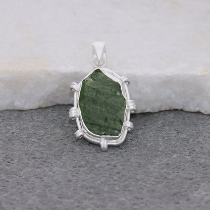 Genuine Raw Authentic Czech Moldavite Gemstone 925 Sterling Silver Pendant