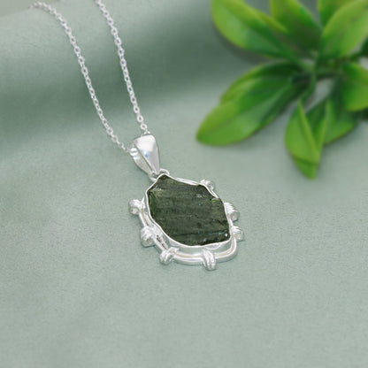 Genuine Raw Authentic Czech Moldavite Gemstone 925 Sterling Silver Pendant