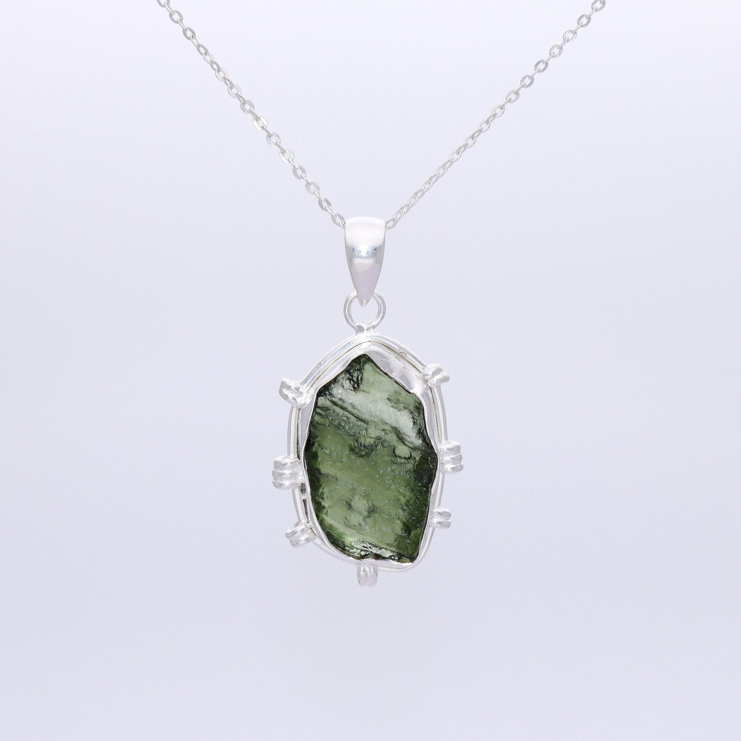 Genuine Raw Authentic Czech Moldavite Gemstone 925 Sterling Silver Pendant