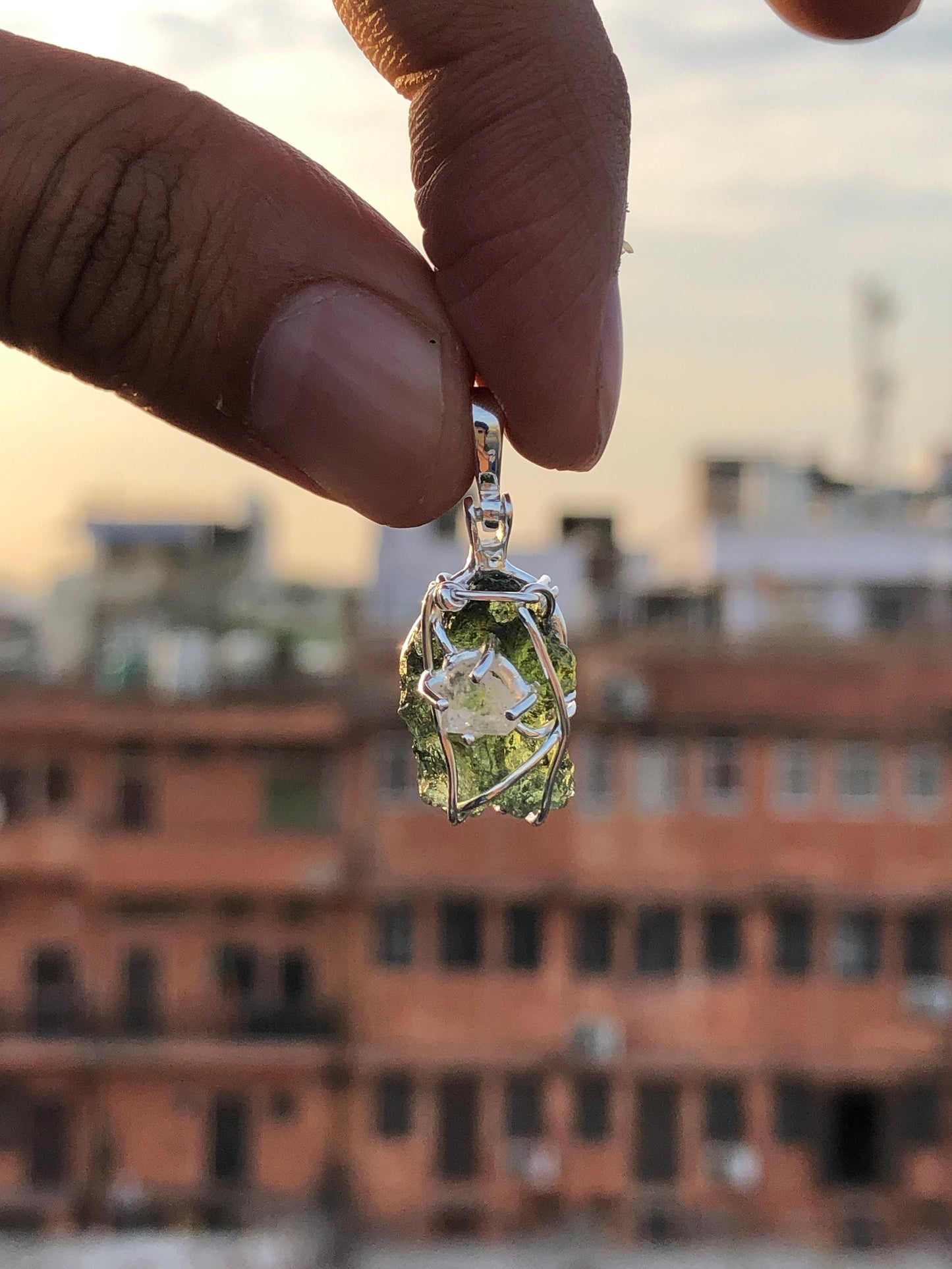 925 Sterling Silver Moldavite and Herkimer Diamond Gemstone Pendant Gift For Loved Ones