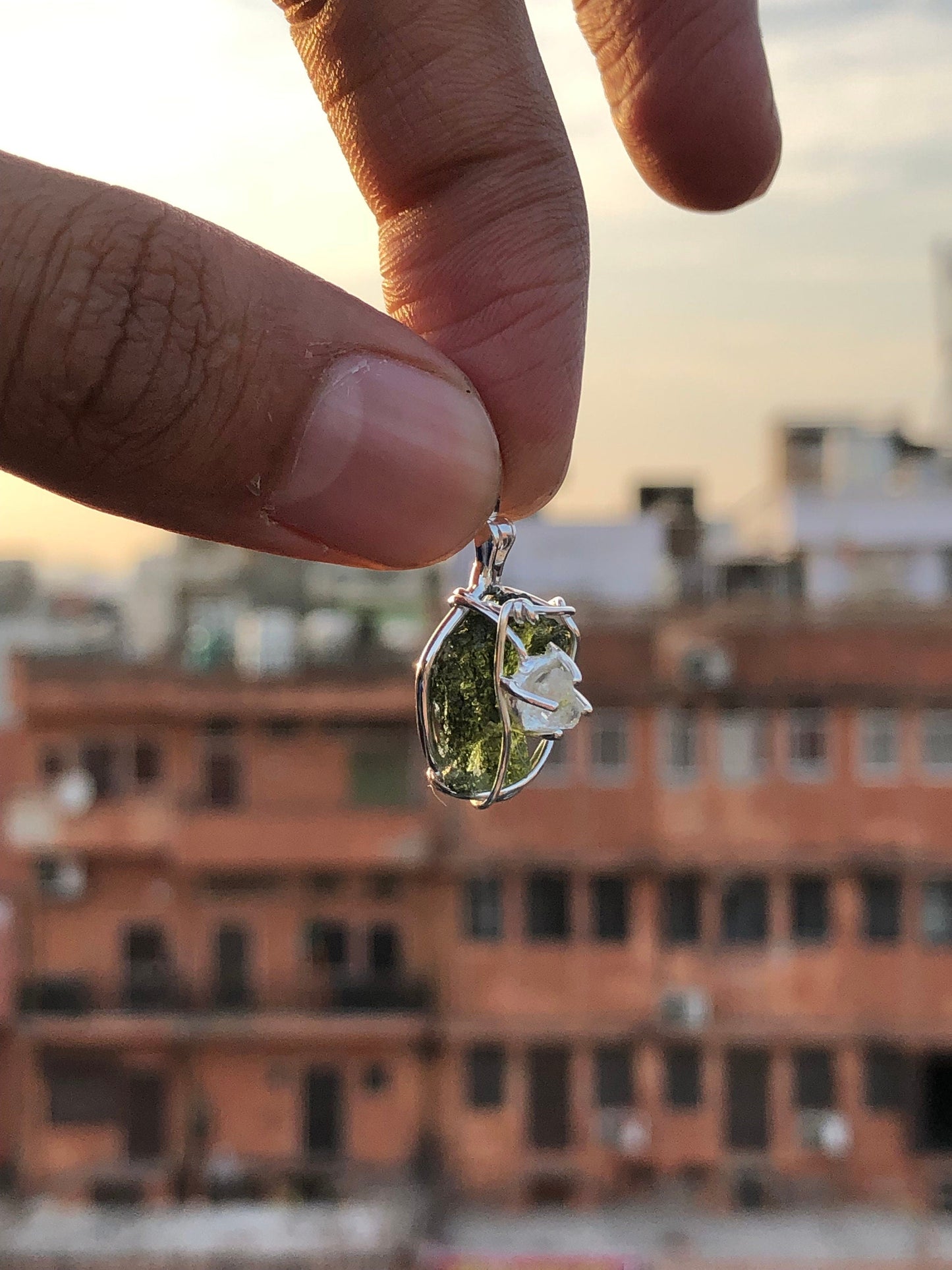 925 Sterling Silver Moldavite and Herkimer Diamond Gemstone Pendant Gift For Loved Ones