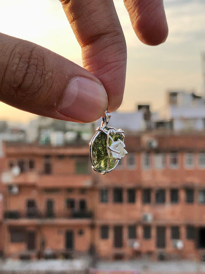 925 Sterling Silver Moldavite and Herkimer Diamond Gemstone Pendant Gift For Loved Ones