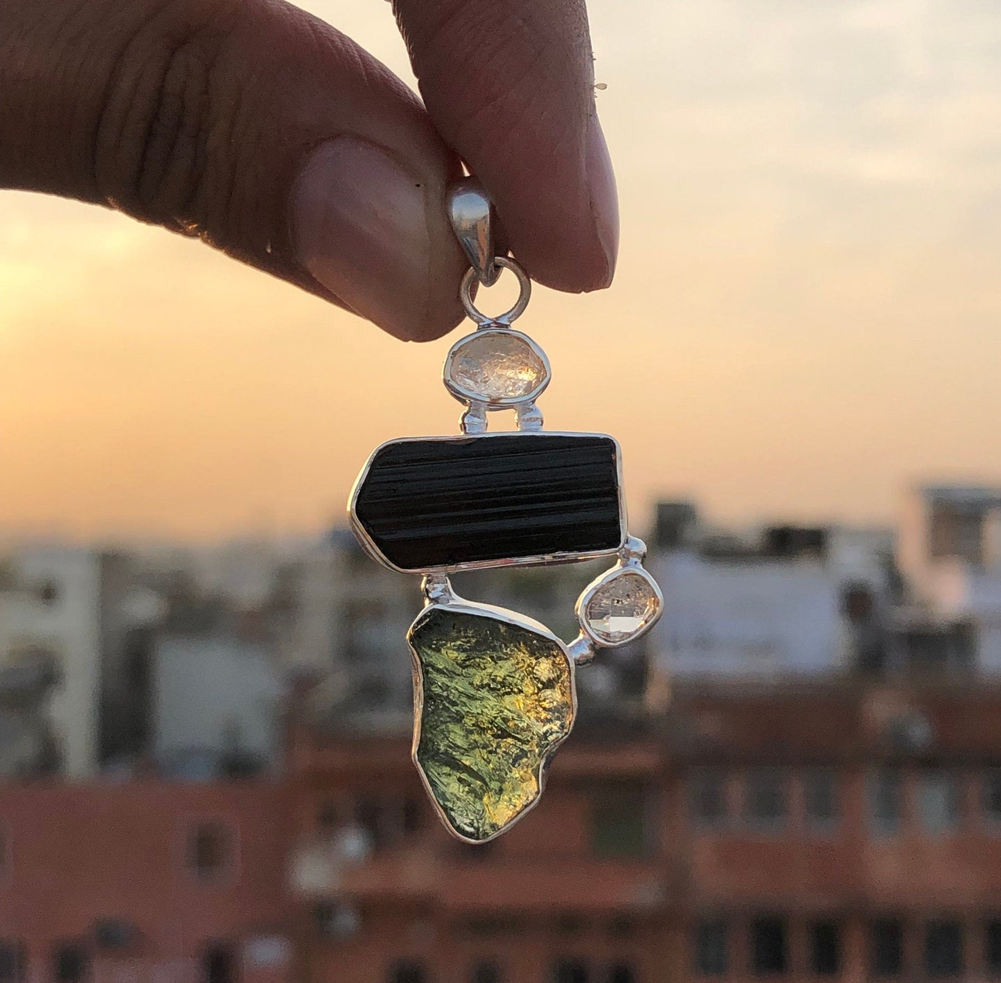 Authentic Czech Republic Moldavite Pendant 925 Sterling Silver Black Tourmaline, Herkimer Diamond and Moldavite Pendant Jewelry