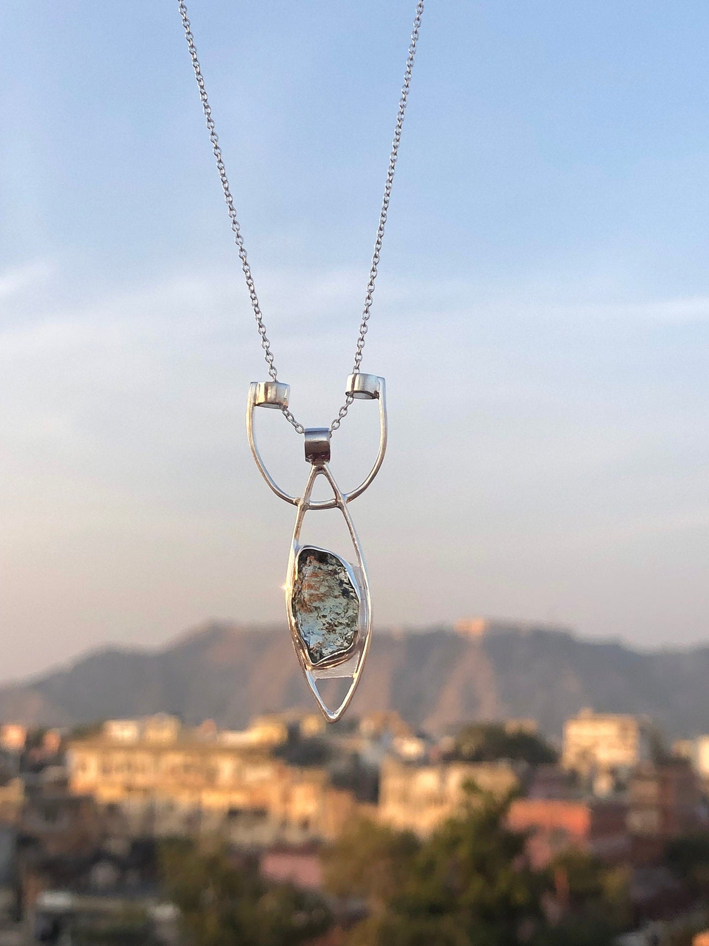 925 Sterling Silver Moldavite Gemstone Unique Design Pendant Necklace