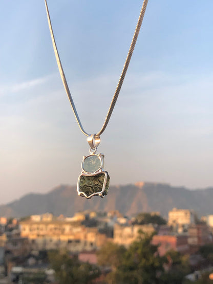 Natural Moldavite and Aquamarine Gemstone 925 Sterling Silver Pendant Jewelry