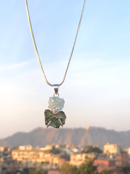 Natural Moldavite and Aquamarine Gemstone 925 Sterling Silver Pendant Jewelry