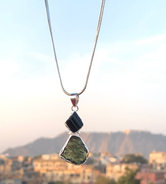 925 Sterling Silver Black Tourmaline and Moldavite Gemstone Pendant Gift For Her