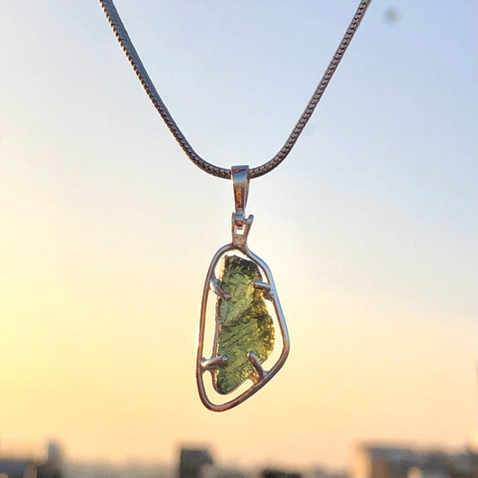 Sterling Silver Raw Rough Authentic Moldavite Gemstone Pendant Gift For Her