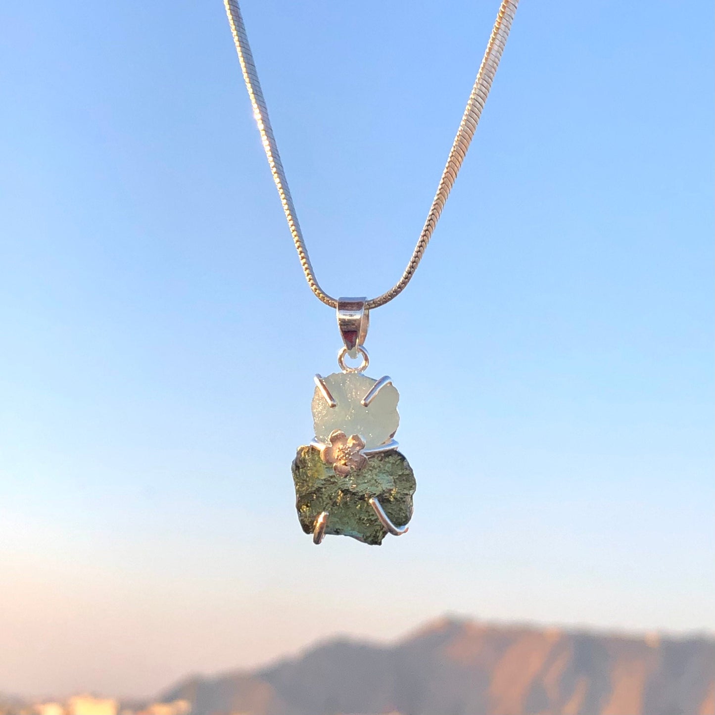 Natural Moldavite and Aquamarine Gemstone 925 Sterling Silver Pendant Jewelry