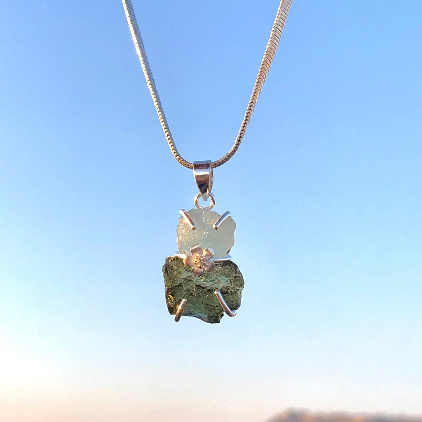 Natural Moldavite and Aquamarine Gemstone 925 Sterling Silver Pendant Jewelry