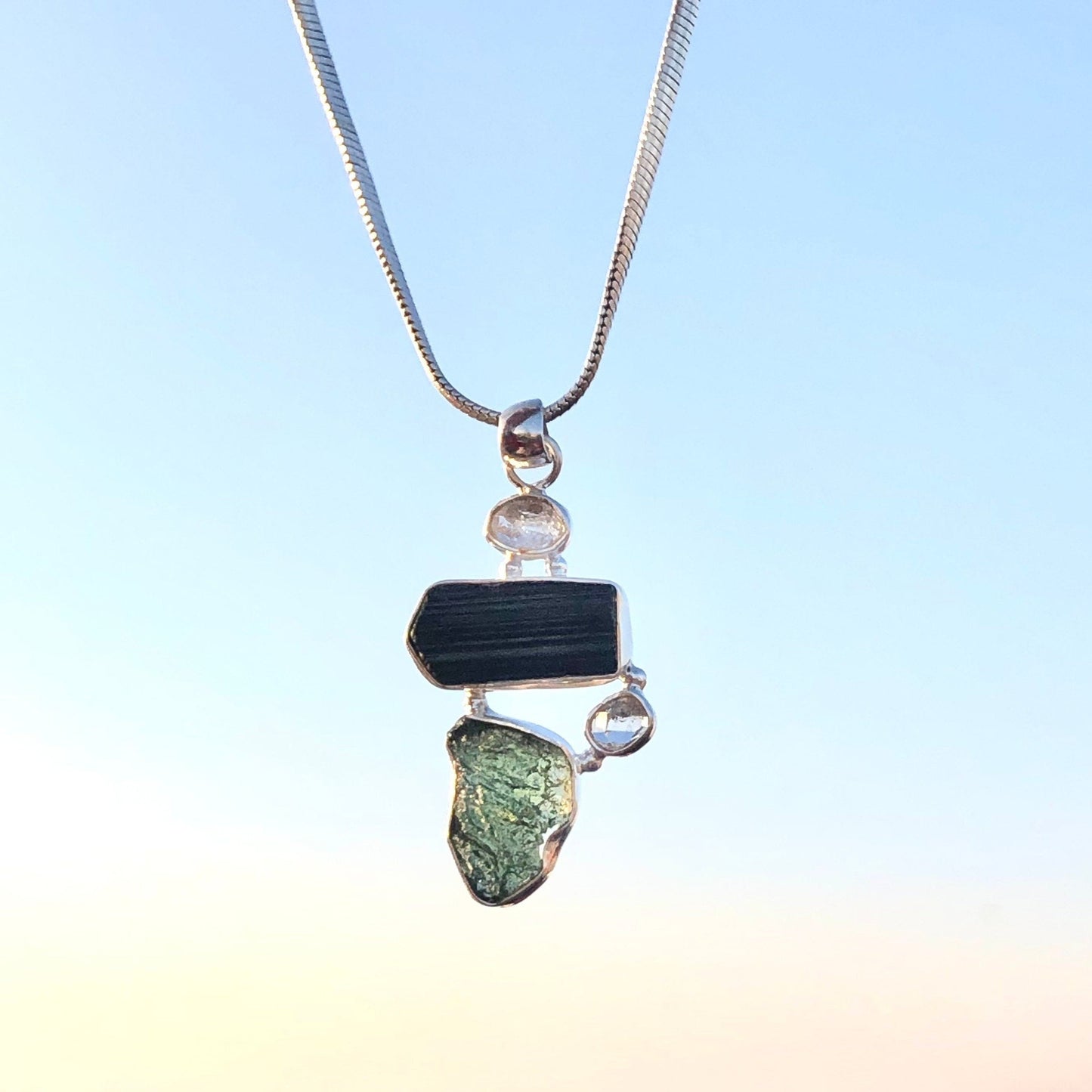 Authentic Czech Republic Moldavite Pendant 925 Sterling Silver Black Tourmaline, Herkimer Diamond and Moldavite Pendant Jewelry