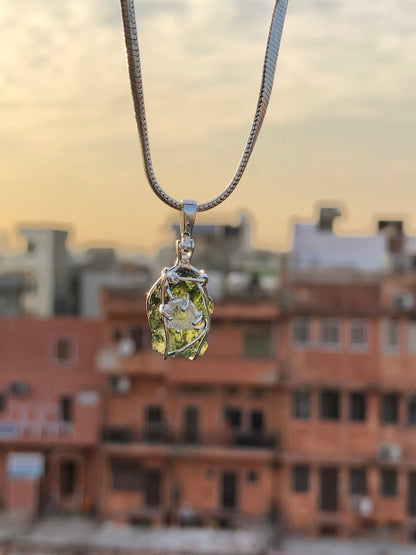 925 Sterling Silver Moldavite and Herkimer Diamond Gemstone Pendant Gift For Loved Ones