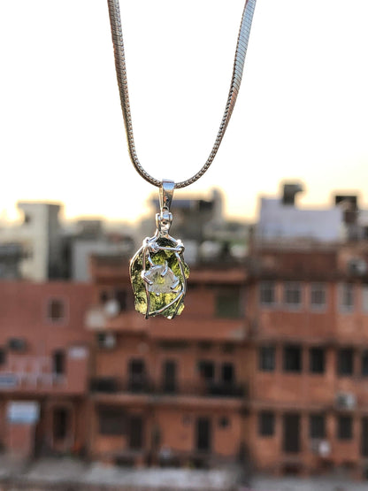 925 Sterling Silver Moldavite and Herkimer Diamond Gemstone Pendant Gift For Loved Ones