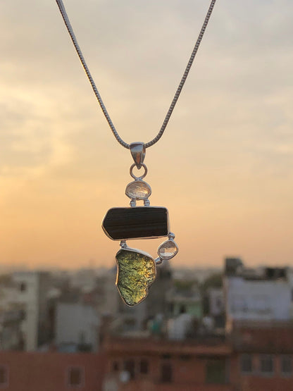 Authentic Czech Republic Moldavite Pendant 925 Sterling Silver Black Tourmaline, Herkimer Diamond and Moldavite Pendant Jewelry