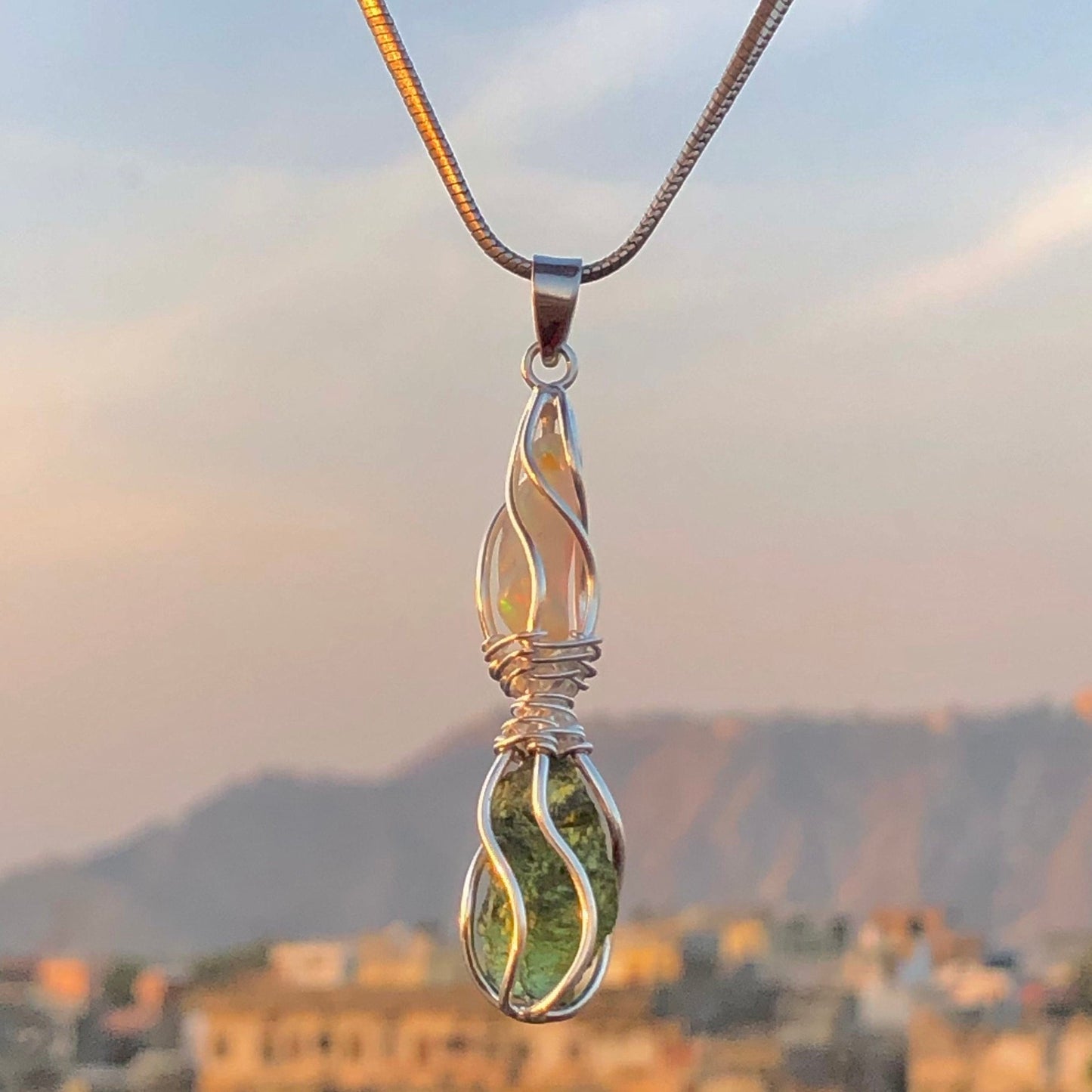 Authentic Czech Republic Moldavite Pendant 925 Sterling Silver Opal and Moldavite Gemstone Pendant