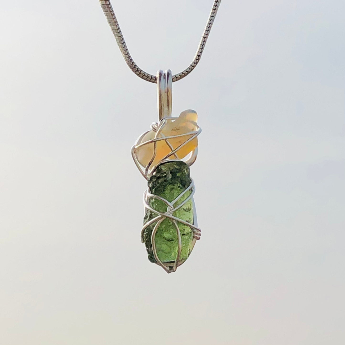 925 Sterling Silver Authentic Czech Republic Moldavite and Opal Gemstone Pendant