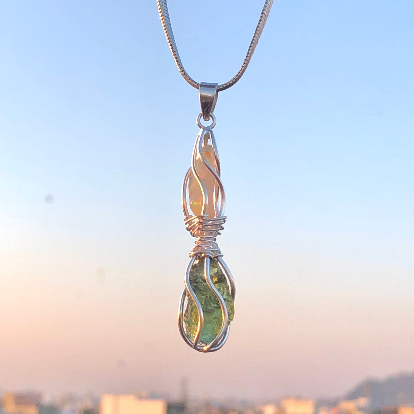 Authentic Czech Republic Moldavite Pendant 925 Sterling Silver Opal and Moldavite Gemstone Pendant