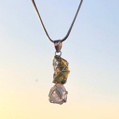 Genuine Raw Moldavite and Herkimer Diamond Gemstone 925 Sterling Silver Pendant Gift For Her