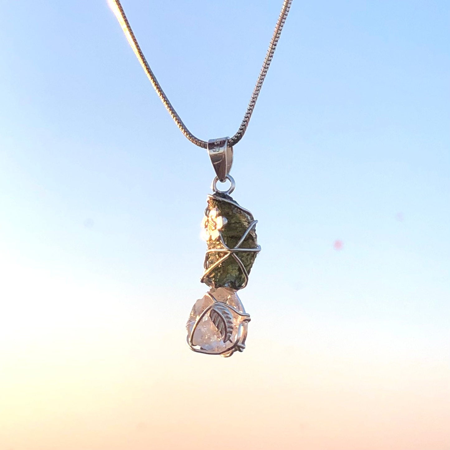 Genuine Raw Moldavite and Herkimer Diamond Gemstone 925 Sterling Silver Pendant Gift For Her