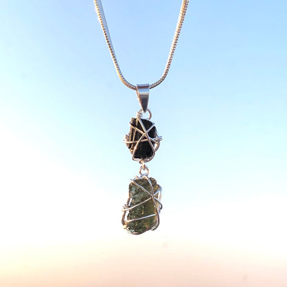 925 Sterling Silver Black Tourmaline and Authentic Moldavite Gemstone Women's Pendant