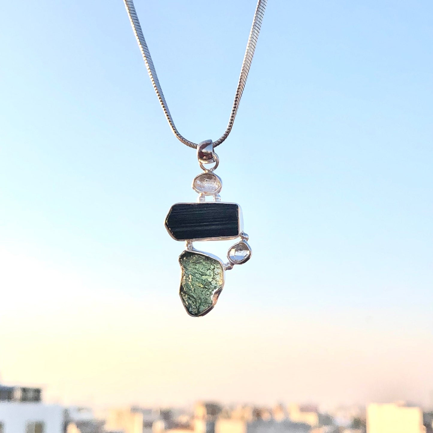 Authentic Czech Republic Moldavite Pendant 925 Sterling Silver Black Tourmaline, Herkimer Diamond and Moldavite Pendant Jewelry