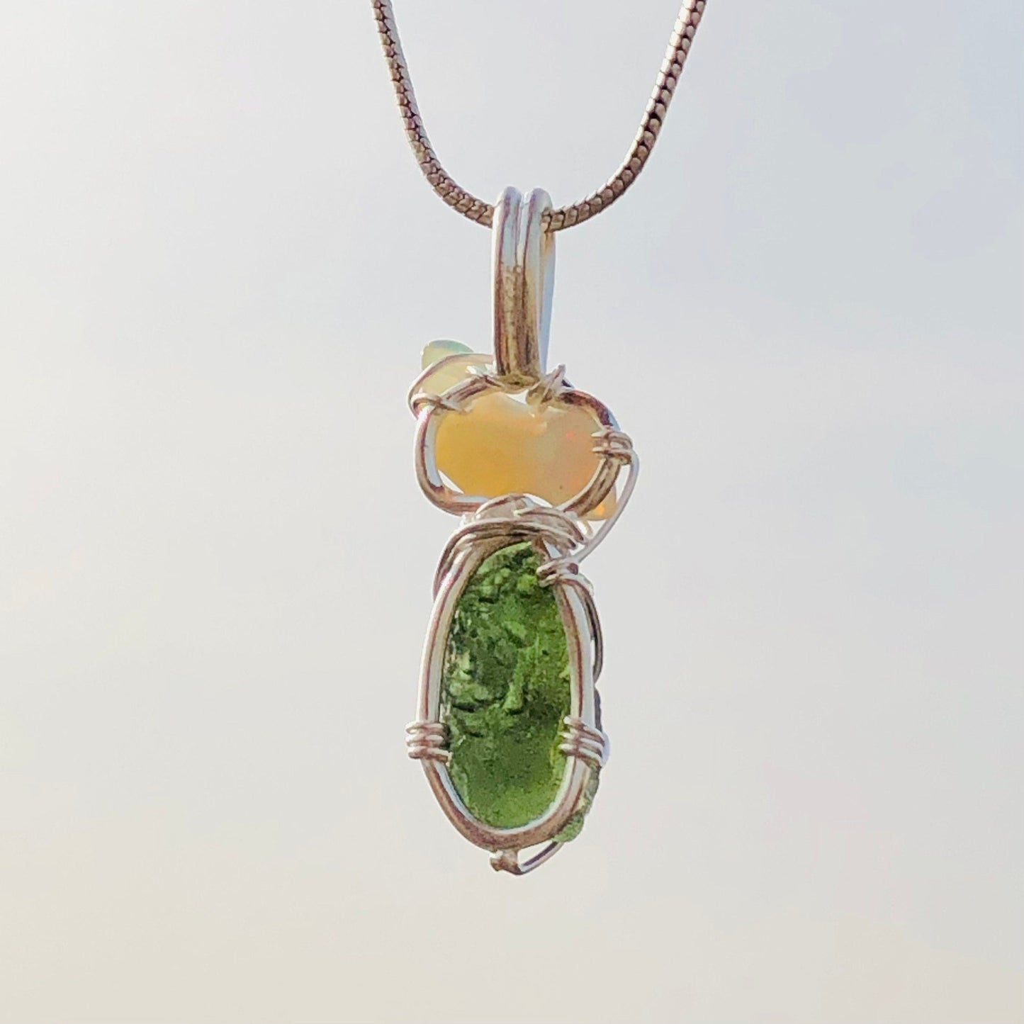 925 Sterling Silver Authentic Czech Republic Moldavite and Opal Gemstone Pendant