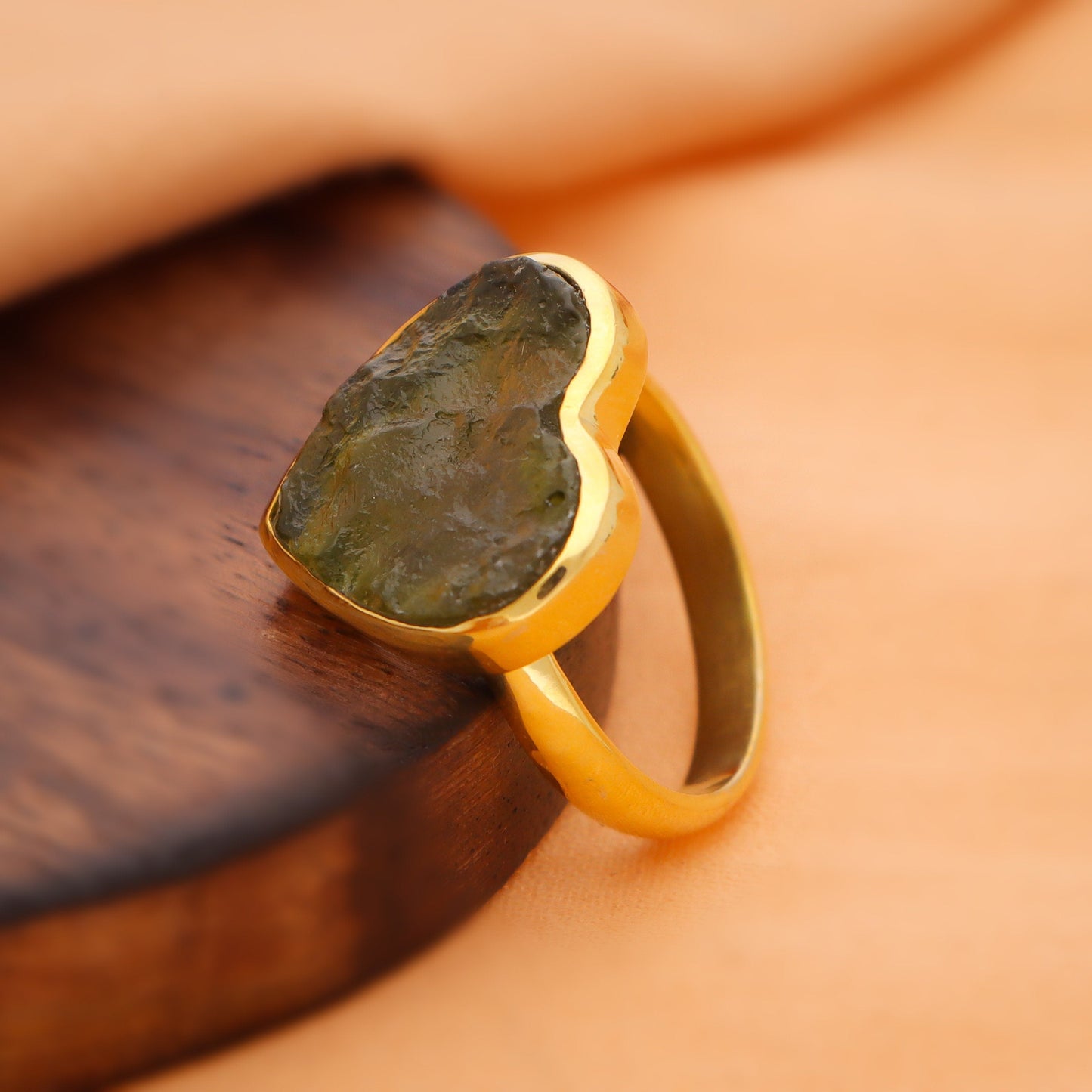 925 Sterling Silver Gold Plated Genuine Moldavite Heart Ring