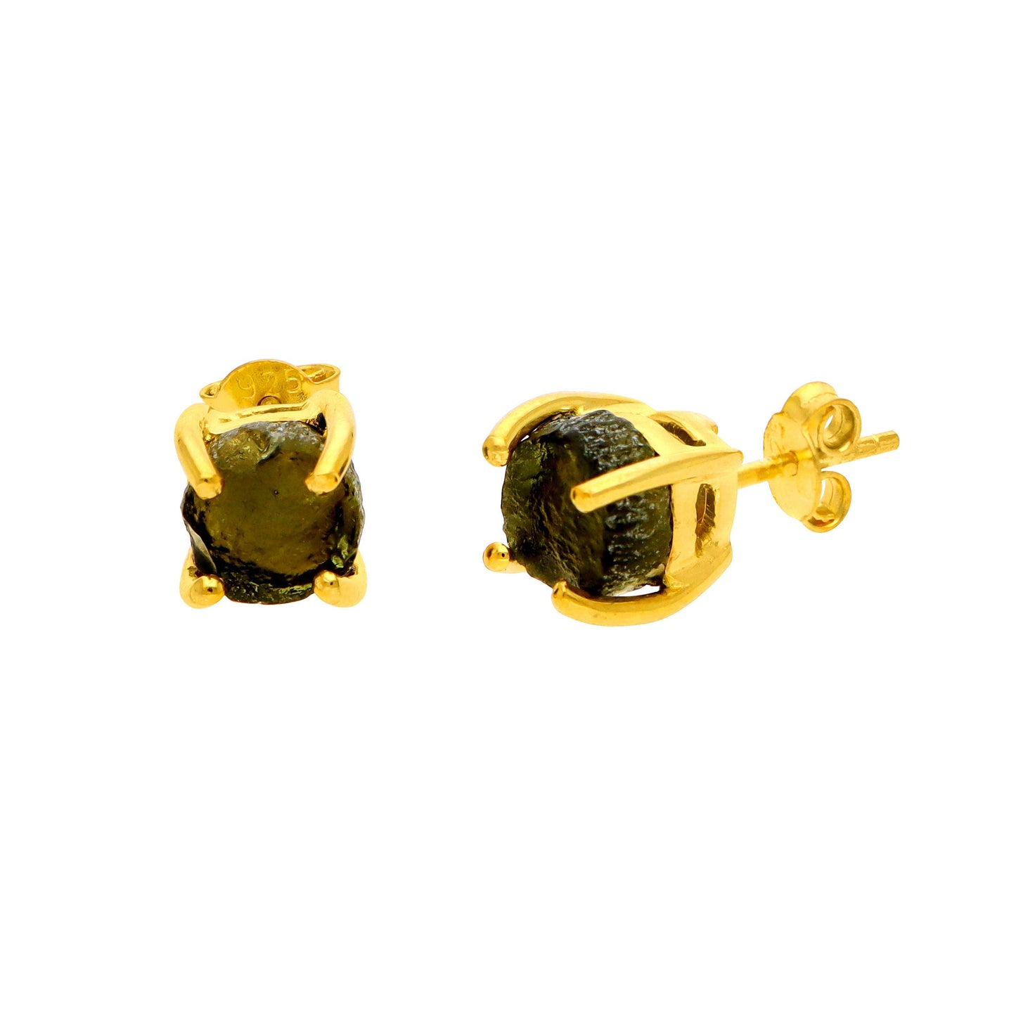 925 Sterling Silver Czech Moldavite Gemstone Minimalist Gold Plated Stud Earrings