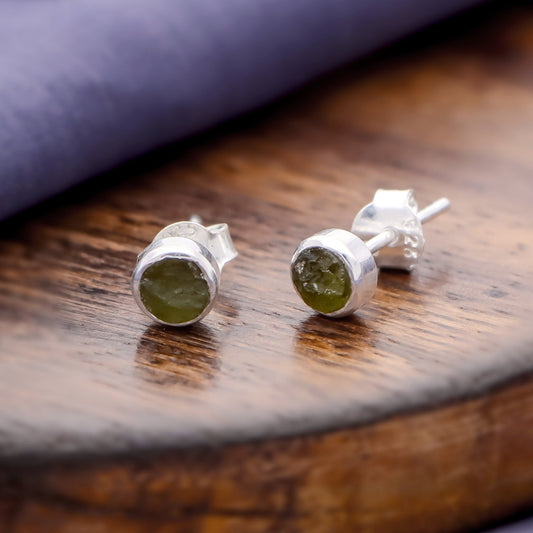 Raw Czech Moldavite Gemstone 925 Silver Minimalist Stud Earrings