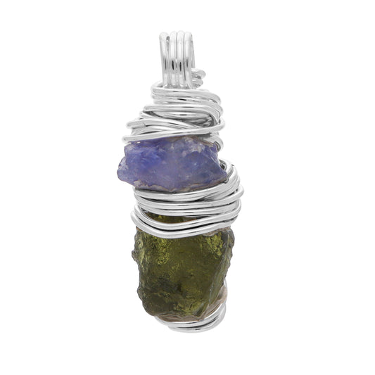 Authentic Raw Moldavite and Tanzanite Gemstone Sterling Silver Pendant Jewelry